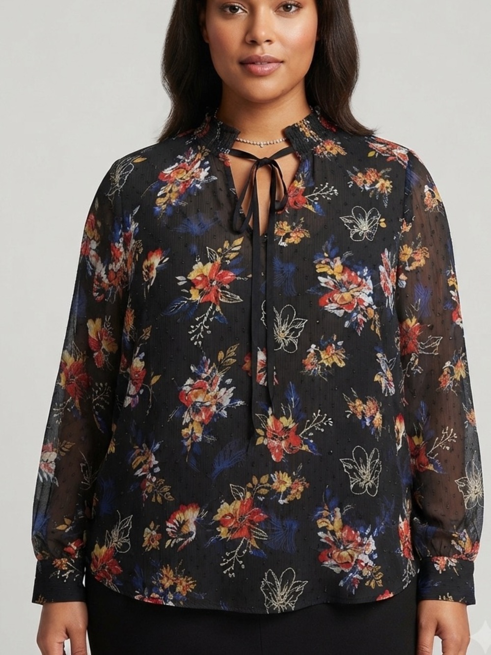😍CLEARANCE- GEORGE Black Sheer Floral Tie Neck, Long Sleeve, Swiss Dot Blouse XL
